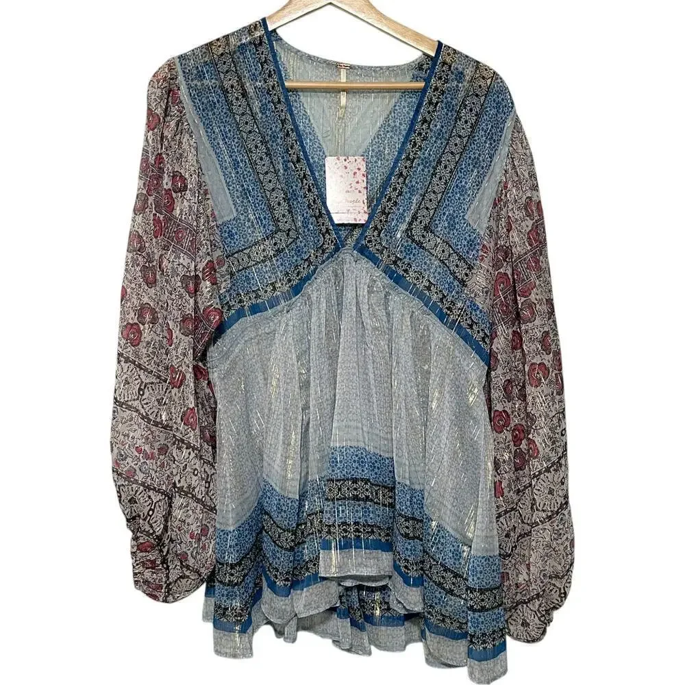 Free People Bohemian Aliyah Printed Long Sleeve Sheer Tunic Top (S)